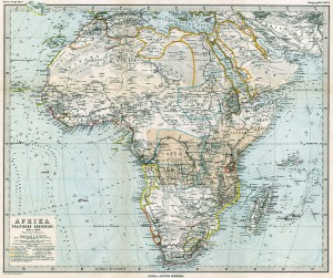 Zum Vergleich der Ikonografie eine 1885 (direkt nach der Kongokonferenz) Herausgegebene Karte, in der die jeweiligen europäischen Ansprüche farbig markiert wurden.